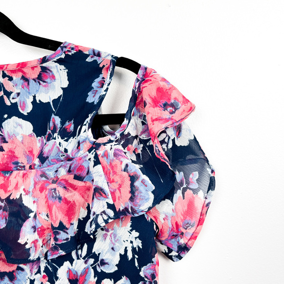 DenverHayes Short Sleeve Cold Shoulder Blue & Pink Floral Blouse - Picture 6 of 7